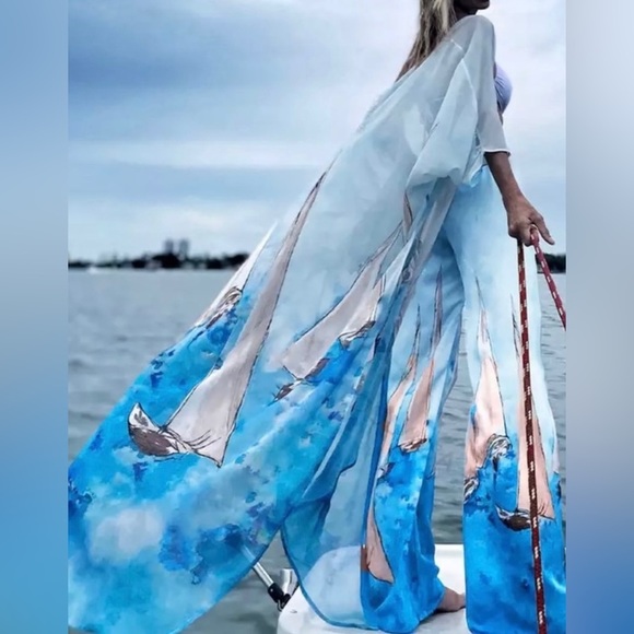 Other - Luxury Sailboat Two-Piece Chiffon Set Kimono & Pants
